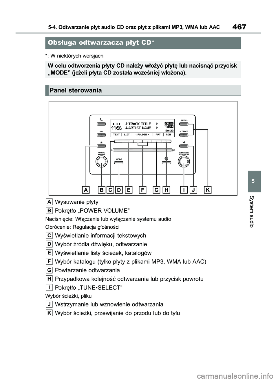 TOYOTA RAV4 2020  Instrukcja obsługi (in Polish) *: W niektórych wersjach
Wysuwanie p∏yty
Pokr´t∏o „POWER VOLUME”
NaciÊni´cie: W∏àczanie lub wy∏àczanie systemu audio
Obrócenie: Regulacja g∏oÊnoÊci
WyÊwietlanie informacji teks