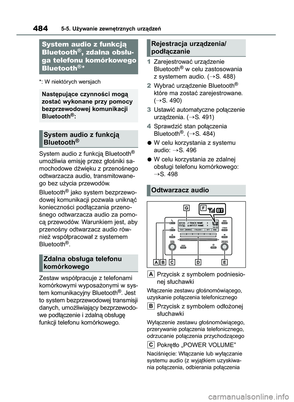 TOYOTA RAV4 2020  Instrukcja obsługi (in Polish) *: W niektórych wersjach
System audio z funkcjà Bluetooth®
umo˝liwia emisj´ przez g∏oÊniki sa-
mochodowe dêwi´ku z przenoÊnego
odtwarzacza audio, transmitowane-
go bez u˝ycia przewodów.
B