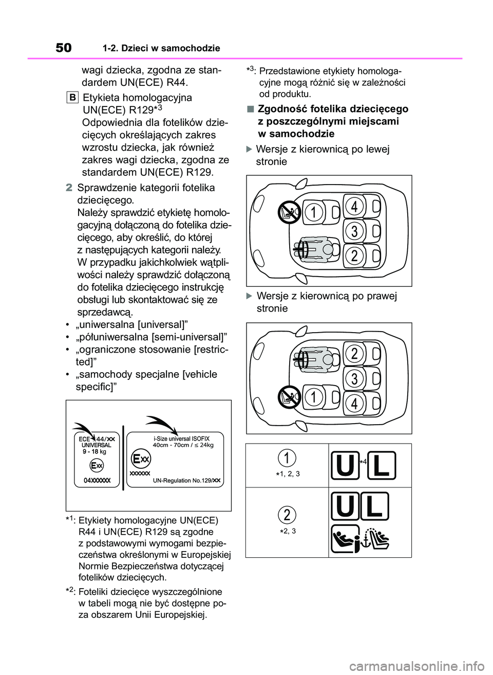 TOYOTA RAV4 2020  Instrukcja obsługi (in Polish) wagi dziecka, zgodna ze stan-
dardem UN(ECE) R44.
Etykieta homologacyjna
UN(ECE) R129*
3
Odpowiednia dla fotelików dzie-
ci´cych okreÊlajàcych zakres
wzrostu dziecka, jak równie˝
zakres wagi dzi