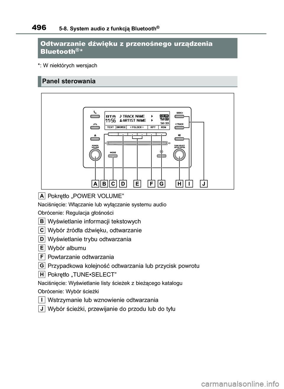 TOYOTA RAV4 2020  Instrukcja obsługi (in Polish) *: W niektórych wersjach
Pokr´t∏o „POWER VOLUME”
NaciÊni´cie: W∏àczanie lub wy∏àczanie systemu audio
Obrócenie: Regulacja g∏oÊnoÊci
WyÊwietlanie informacji tekstowych
Wybór êr