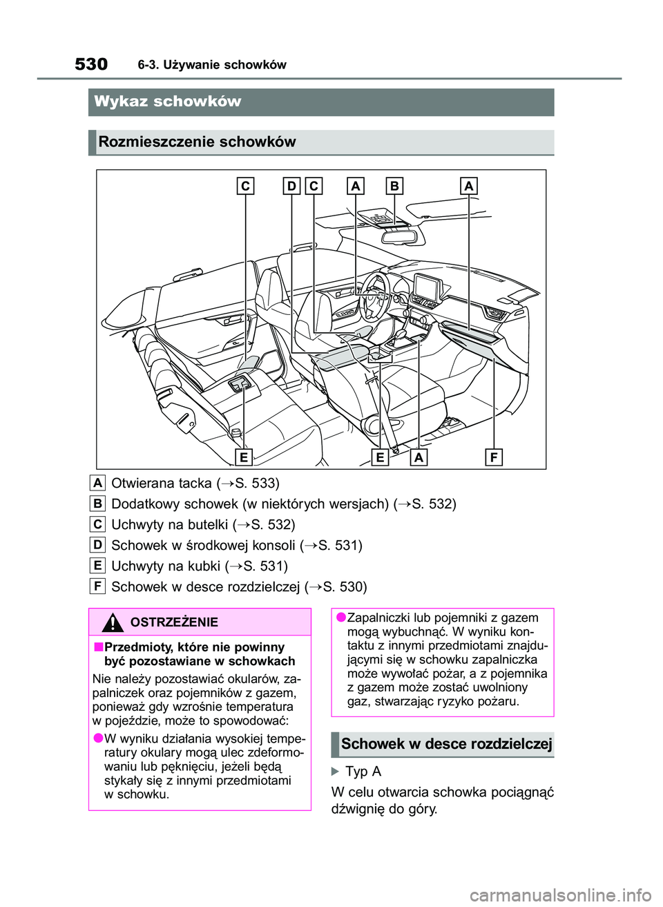 TOYOTA RAV4 2020  Instrukcja obsługi (in Polish) óTyp A
W celu otwarcia schowka pociàgnàç
dêwigni´ do góry.
5306-3. U˝ywanie schowków
Wykaz schowków
Rozmieszczenie schowków
OSTRZE˚ENIE
Przedmioty, które nie powinny
byç pozostawiane w s