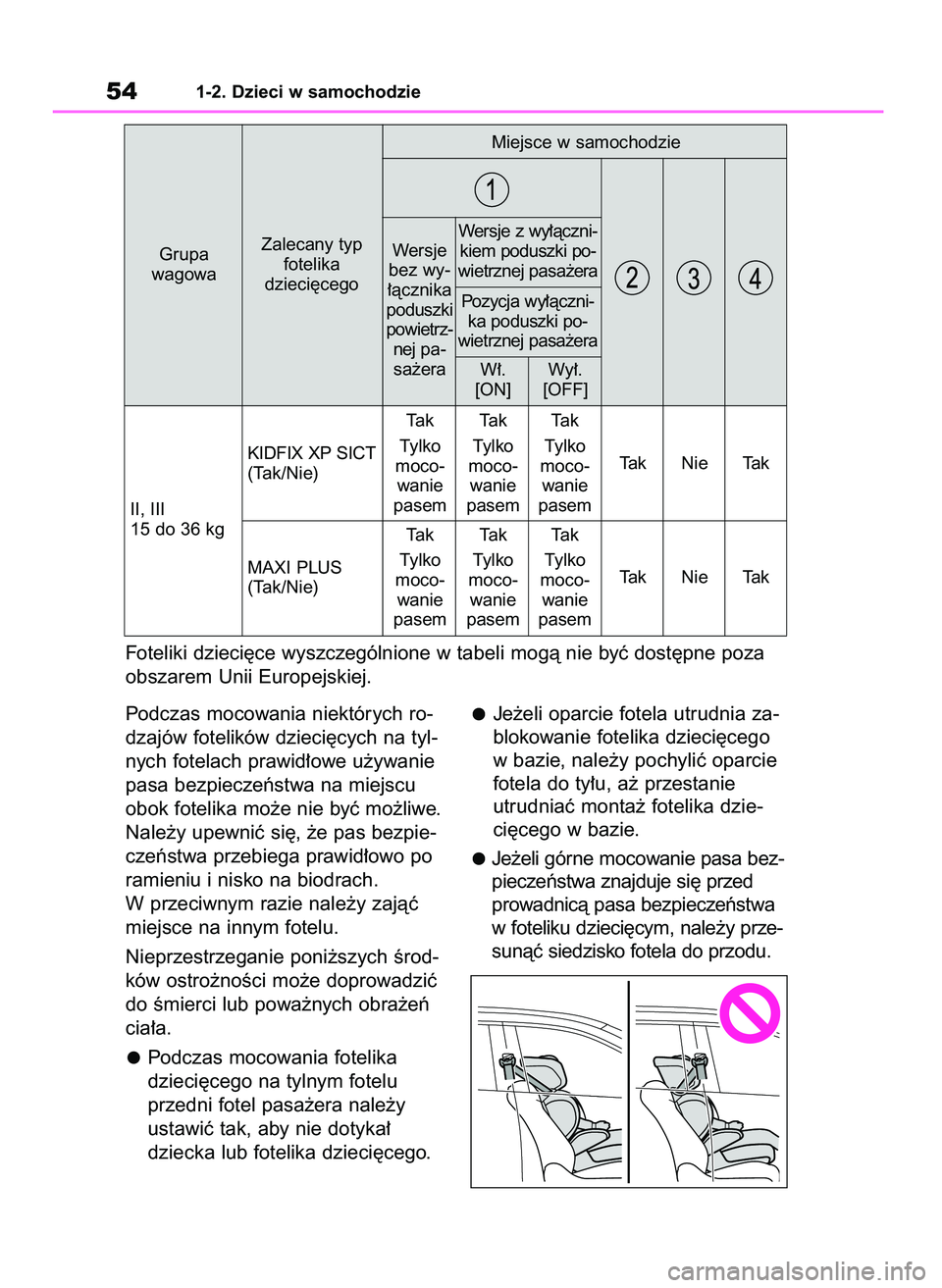 TOYOTA RAV4 2020 Instrukcja obsługi (in Polish) Podczas mocowania niektórych ro-
dzajów fotelików dzieci´cych na tyl-
nych fotelach prawid∏owe u˝ywanie
pasa bezpieczeƒstwa na miejscu
obok fotelika mo˝e nie byç mo˝liwe.
Nale˝y upewniç s TOYOTA RAV4 2020 Instrukcja obsługi (in Polish) Podczas mocowania niektórych ro-
dzajów fotelików dzieci´cych na tyl-
nych fotelach prawid∏owe u˝ywanie
pasa bezpieczeƒstwa na miejscu
obok fotelika mo˝e nie byç mo˝liwe.
Nale˝y upewniç s
