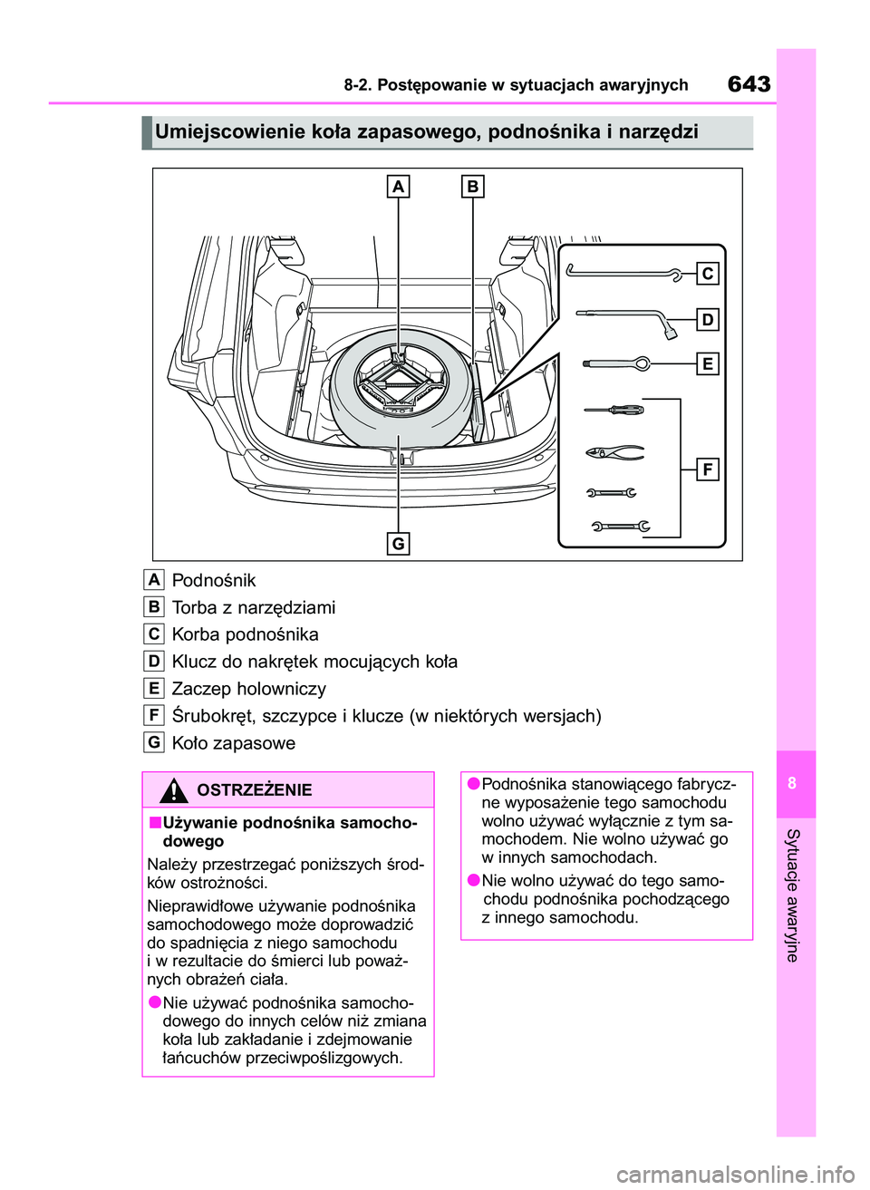 TOYOTA RAV4 2020  Instrukcja obsługi (in Polish) PodnoÊnik
Torba z narz´dziami
Korba podnoÊnika 
Klucz do nakr´tek mocujàcych ko∏a 
Zaczep holowniczy
Ârubokr´t, szczypce i klucze (w niektórych wersjach)
Ko∏o zapasowe
G
F
E
D
C
B
A
Sytuac