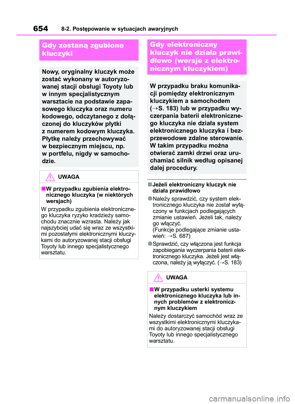TOYOTA RAV4 2020  Instrukcja obsługi (in Polish) Je˝eli elektroniczny kluczyk nie
dzia∏a prawid∏owo
Nale˝y sprawdziç, czy system elek-
tronicznego kluczyka nie zosta∏ wy∏à-
czony w funkcjach podlegajàcych
zmianie ustawieƒ. Je˝eli tak,