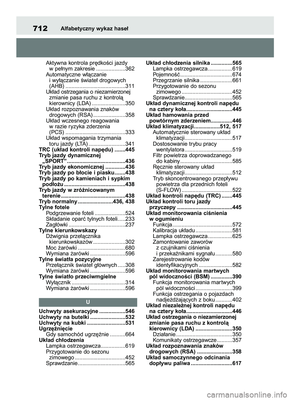 TOYOTA RAV4 2020  Instrukcja obsługi (in Polish) Aktywna kontrola pr´dkoÊci jazdy 
w pe∏nym zakresie ...................362
Automatyczne w∏àczanie 
i wy∏àczanie Êwiate∏ drogowych 
(AHB) .......................................311
Uk∏ad