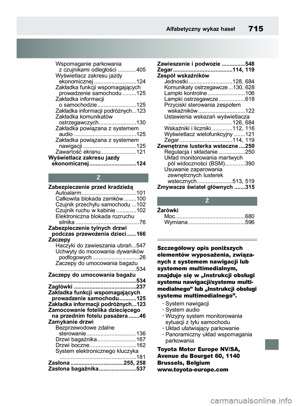 TOYOTA RAV4 2020  Instrukcja obsługi (in Polish) Wspomaganie parkowania 
z czujnikami odleg∏oÊci ............405
WyÊwietlacz zakresu jazdy 
ekonomicznej ...........................124
Zak∏adka funkcji wspomagajàcych 
prowadzenie samochodu ...