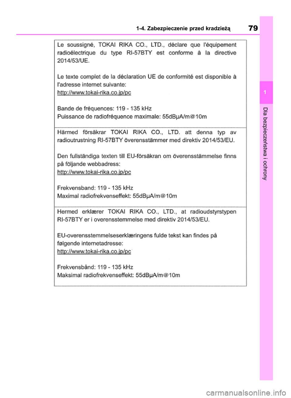TOYOTA RAV4 2020 Instrukcja obsługi (in Polish) Dla bezpieczeƒstwa i ochrony
1-4. Zabezpieczenie przed kradzie˝à79
1
43 RAV4 OM42D20E 17/9/20 13:43 Page 79 TOYOTA RAV4 2020 Instrukcja obsługi (in Polish) Dla bezpieczeƒstwa i ochrony
1-4. Zabezpieczenie przed kradzie˝à79
1
43 RAV4 OM42D20E 17/9/20 13:43 Page 79