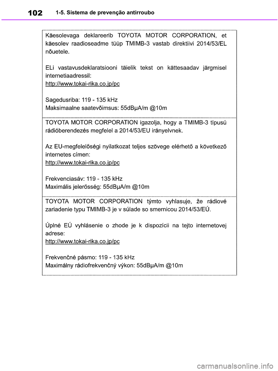 TOYOTA RAV4 2020  Manual de utilização (in Portuguese) 1021-5. Sistema de prevenção antirroubo
pM_RAV4-HV_OM_OM42D32PT.book  Page 102  Wednesday, January 27, 2021  6:28 PM 