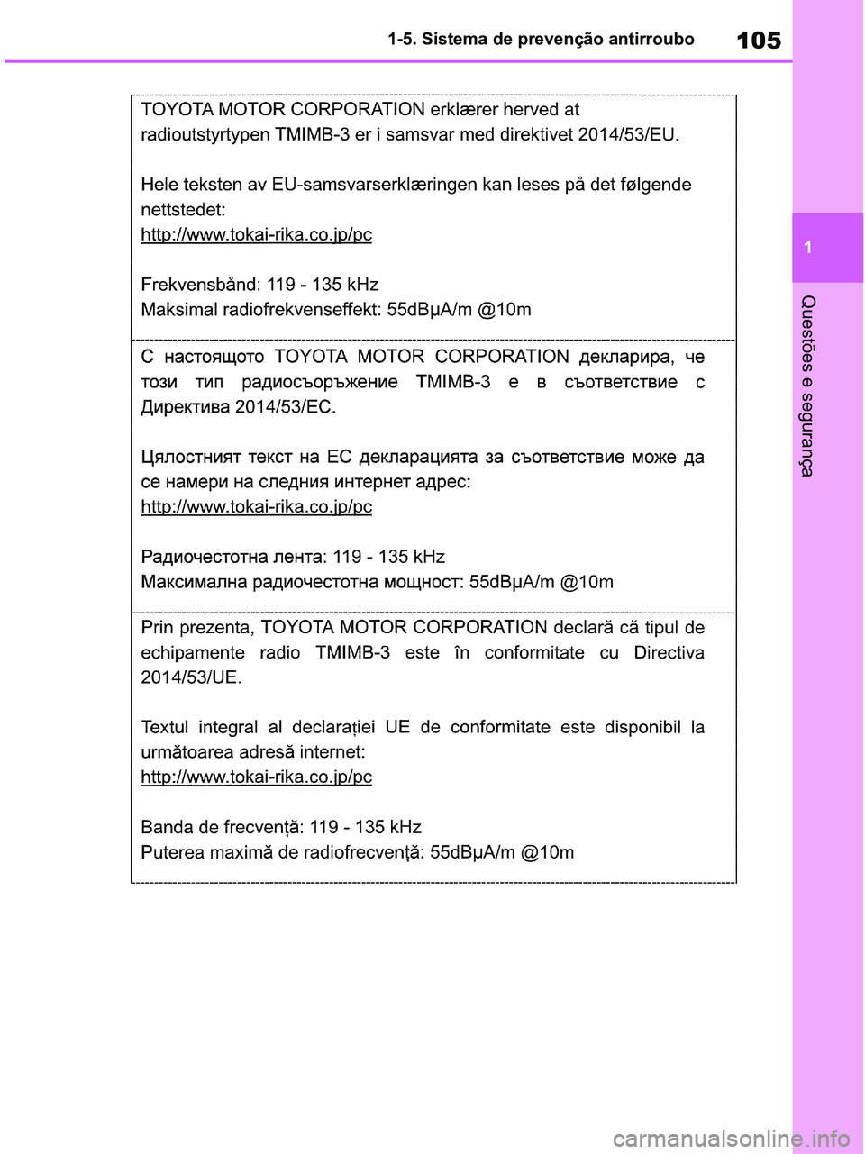 TOYOTA RAV4 2020  Manual de utilização (in Portuguese) 105
1 1-5. Sistema de prevenção antirroubo
Questões e segurança
pM_RAV4-HV_OM_OM42D32PT.book  Page 105  Wednesday, January 27, 2021  6:28 PM 