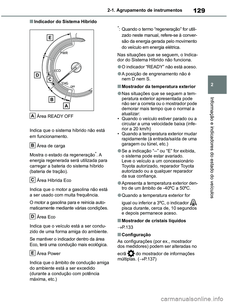 TOYOTA RAV4 2020 Manual de utilização (in Portuguese) 129
2 2-1. Agrupamento de instrumentos
Informação e indicadores do estado do veículos
■Indicador do Sistema Híbrido
Área READY OFF
Indica que o sistema híbrido não está
em funcionamento.
Á TOYOTA RAV4 2020 Manual de utilização (in Portuguese) 129
2 2-1. Agrupamento de instrumentos
Informação e indicadores do estado do veículos
■Indicador do Sistema Híbrido
Área READY OFF
Indica que o sistema híbrido não está
em funcionamento.
Á