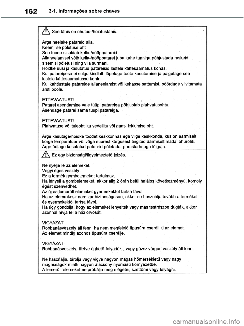 TOYOTA RAV4 2020  Manual de utilização (in Portuguese) 1623-1. Informações sobre chaves
pM_RAV4-HV_OM_OM42D32PT.book  Page 162  Wednesday, January 27, 2021  6:28 PM 