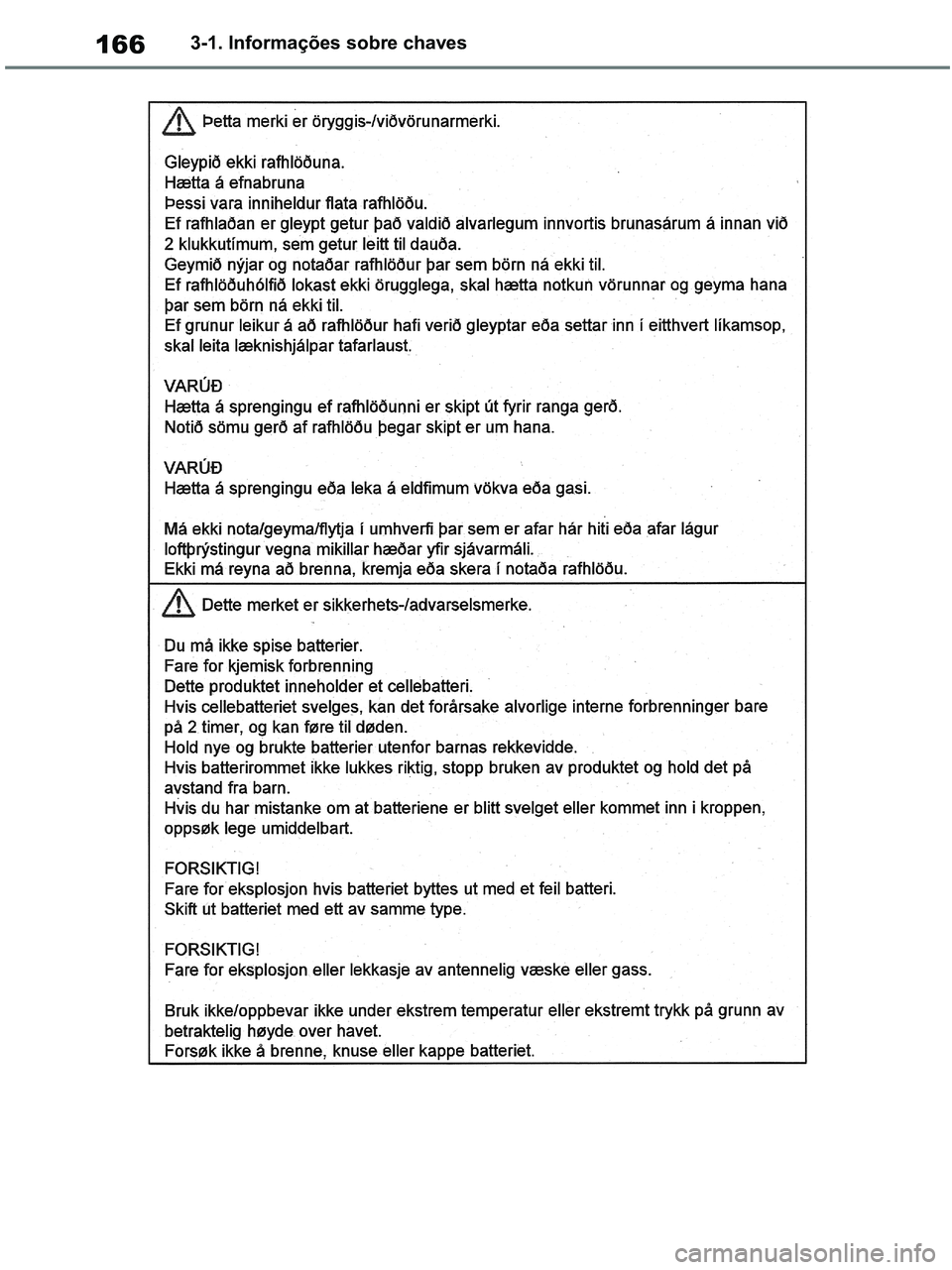 TOYOTA RAV4 2020  Manual de utilização (in Portuguese) 1663-1. Informações sobre chaves
pM_RAV4-HV_OM_OM42D32PT.book  Page 166  Wednesday, January 27, 2021  6:28 PM 