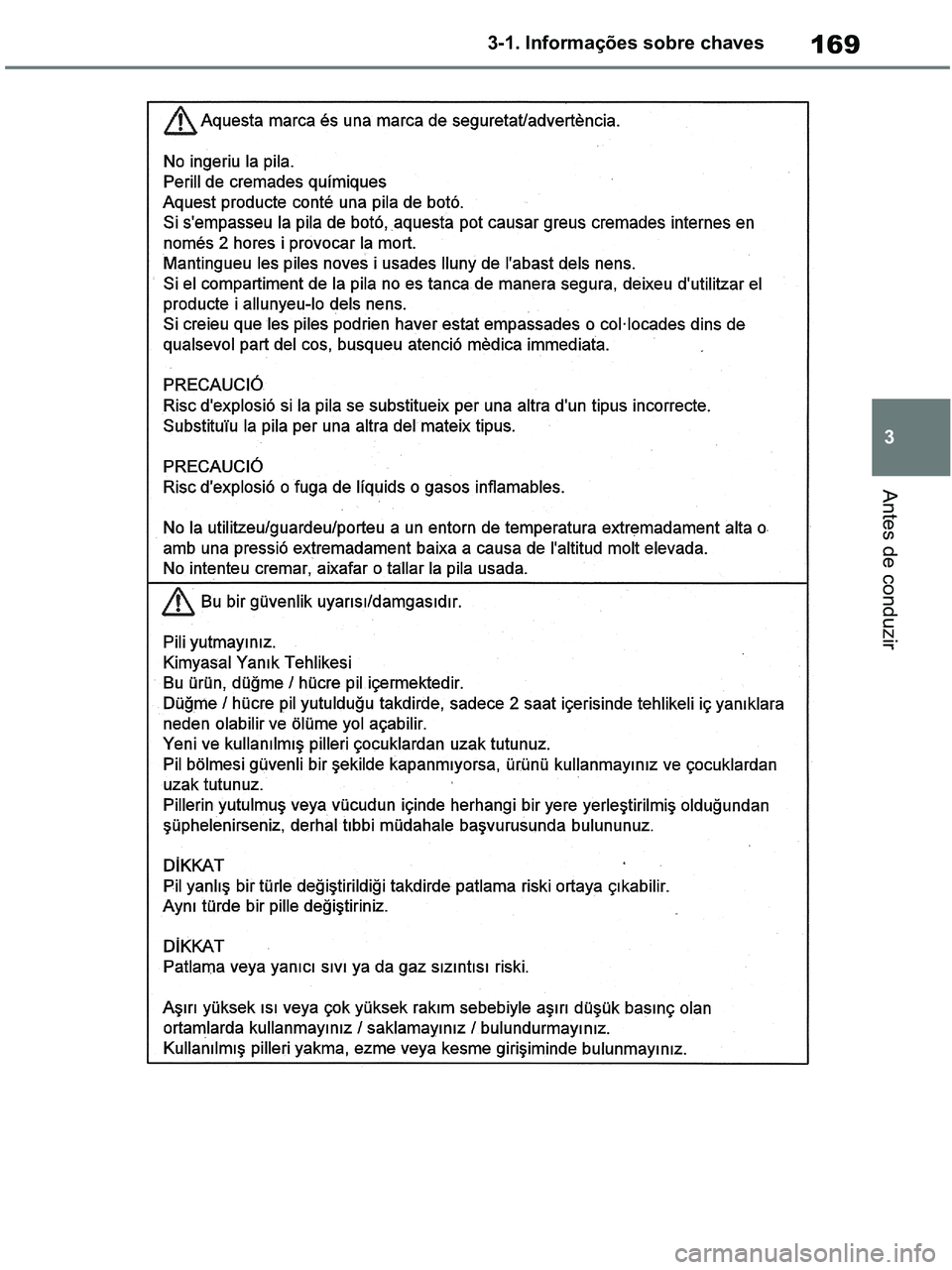 TOYOTA RAV4 2020  Manual de utilização (in Portuguese) 169
3 3-1. Informações sobre chaves
Antes de conduzir
pM_RAV4-HV_OM_OM42D32PT.book  Page 169  Wednesday, January 27, 2021  6:28 PM 