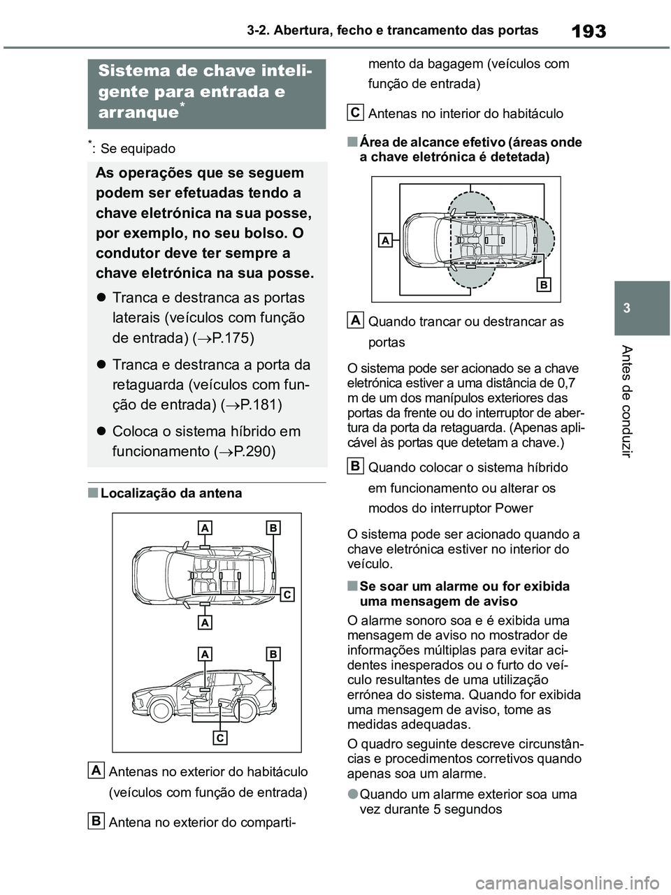 TOYOTA RAV4 2020  Manual de utilização (in Portuguese) 193
3 3-2. Abertura, fecho e trancamento das portas
Antes de conduzir
*: Se equipado
■Localização da antena
Antenas no exterior do habitáculo 
(veículos com função de entrada)
Antena no exteri