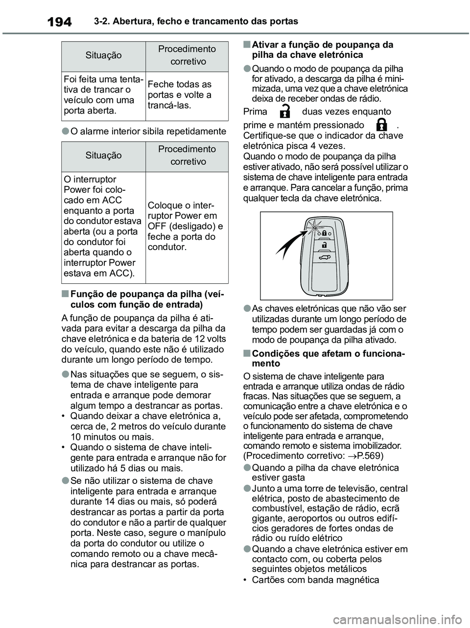 TOYOTA RAV4 2020  Manual de utilização (in Portuguese) 1943-2. Abertura, fecho e trancamento das portas
●O alarme interior sibila repetidamente
■Função de poupança da pilha (veí-
culos com função de entrada)
A função de poupança da pilha é a