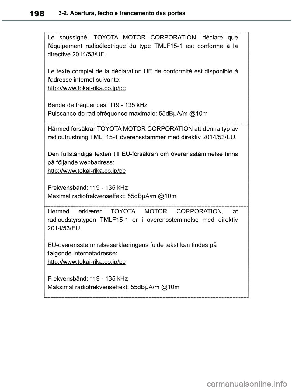 TOYOTA RAV4 2020  Manual de utilização (in Portuguese) 1983-2. Abertura, fecho e trancamento das portas
pM_RAV4-HV_OM_OM42D32PT.book  Page 198  Wednesday, January 27, 2021  6:28 PM 