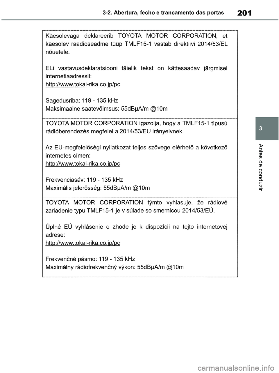TOYOTA RAV4 2020  Manual de utilização (in Portuguese) 201
3 3-2. Abertura, fecho e trancamento das portas
Antes de conduzir
pM_RAV4-HV_OM_OM42D32PT.book  Page 201  Wednesday, January 27, 2021  6:28 PM 
