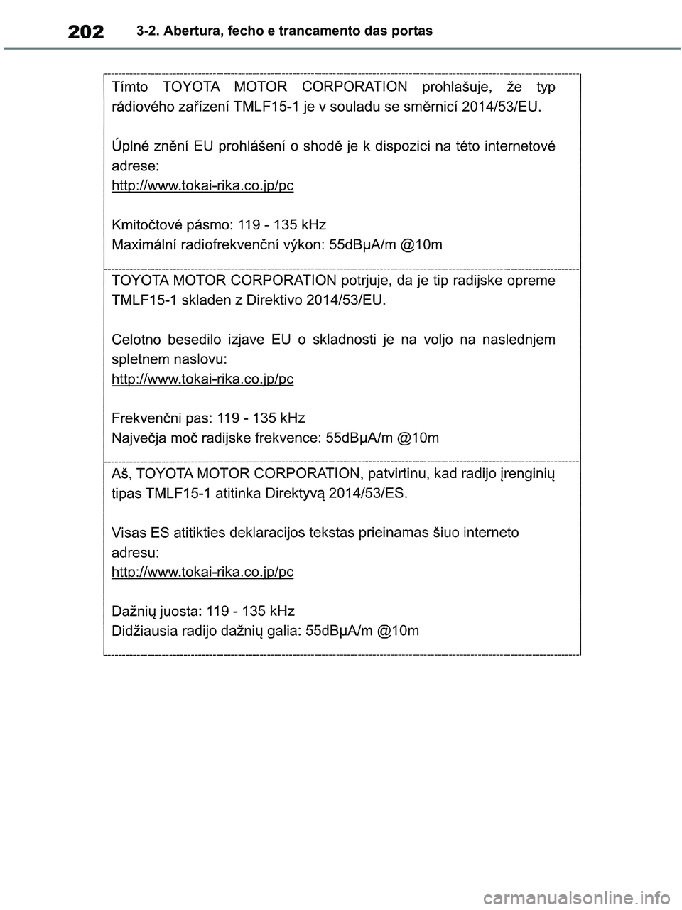 TOYOTA RAV4 2020  Manual de utilização (in Portuguese) 2023-2. Abertura, fecho e trancamento das portas
pM_RAV4-HV_OM_OM42D32PT.book  Page 202  Wednesday, January 27, 2021  6:28 PM 