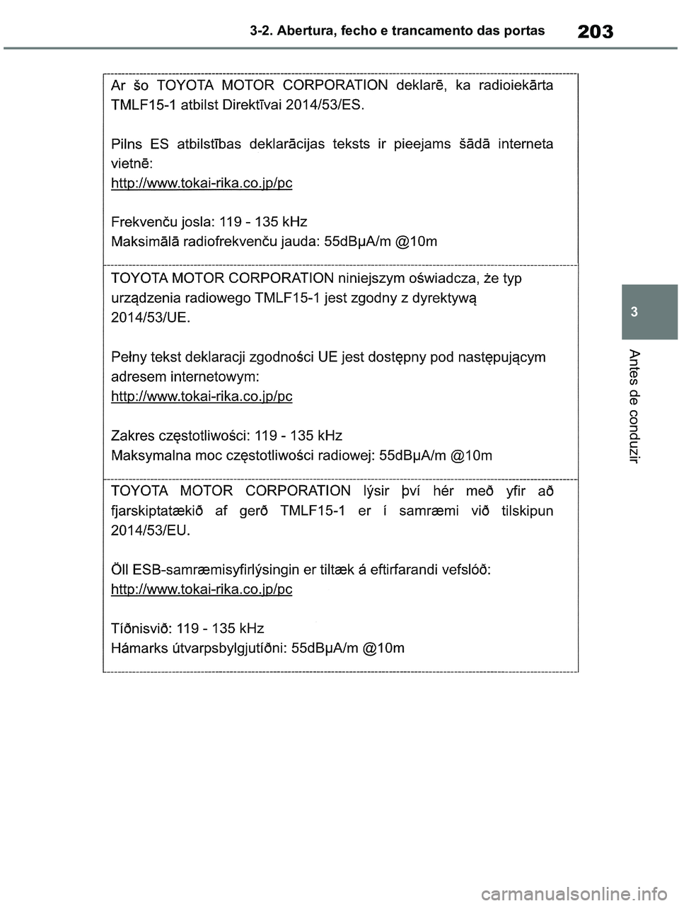 TOYOTA RAV4 2020  Manual de utilização (in Portuguese) 203
3 3-2. Abertura, fecho e trancamento das portas
Antes de conduzir
pM_RAV4-HV_OM_OM42D32PT.book  Page 203  Wednesday, January 27, 2021  6:28 PM 