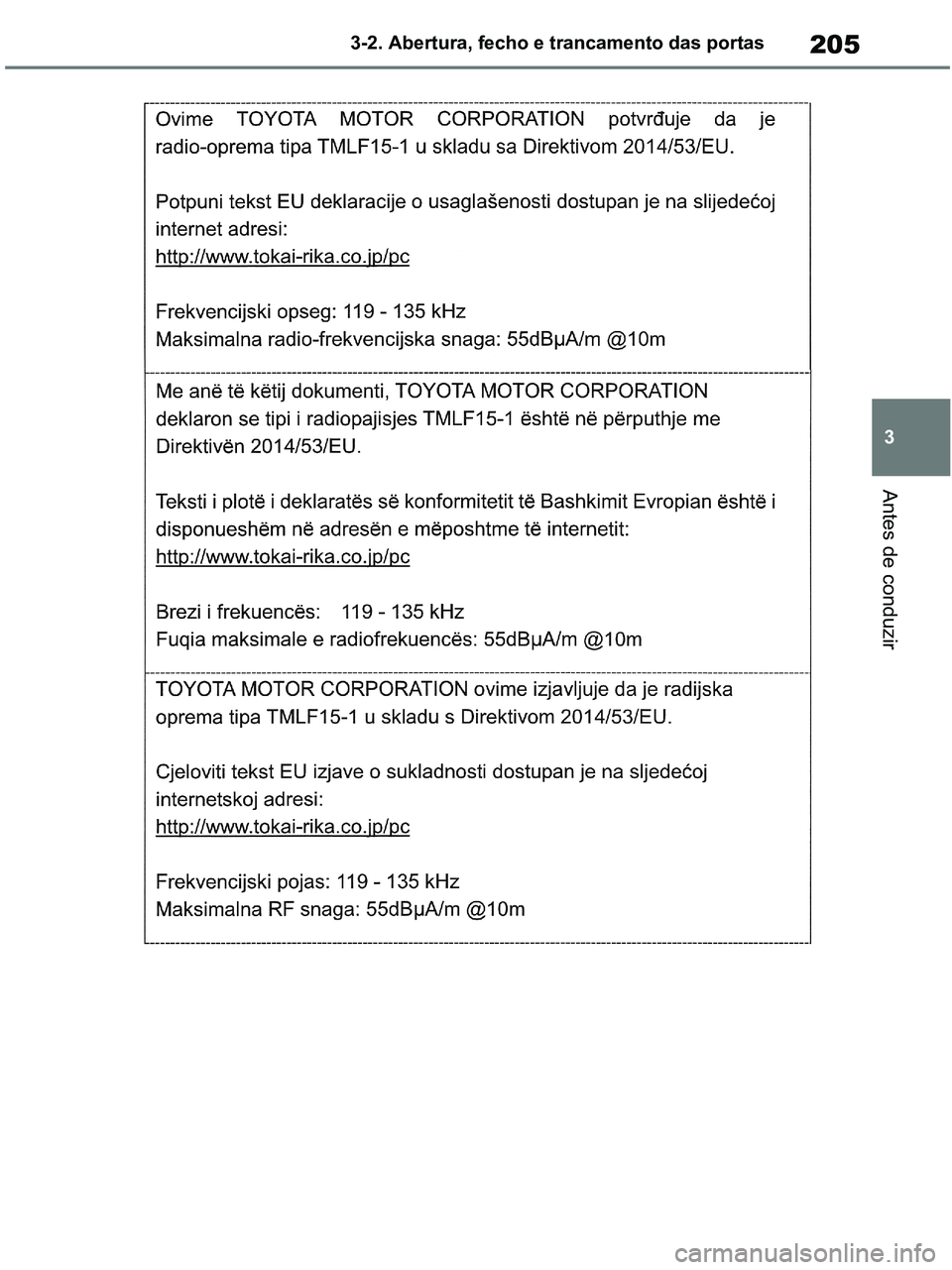 TOYOTA RAV4 2020  Manual de utilização (in Portuguese) 205
3 3-2. Abertura, fecho e trancamento das portas
Antes de conduzir
pM_RAV4-HV_OM_OM42D32PT.book  Page 205  Wednesday, January 27, 2021  6:28 PM 