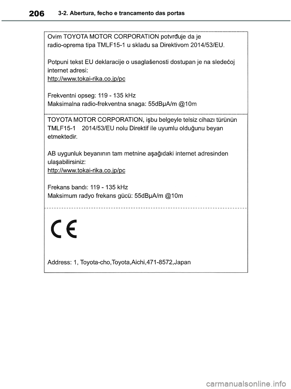 TOYOTA RAV4 2020  Manual de utilização (in Portuguese) 2063-2. Abertura, fecho e trancamento das portas
pM_RAV4-HV_OM_OM42D32PT.book  Page 206  Wednesday, January 27, 2021  6:28 PM 