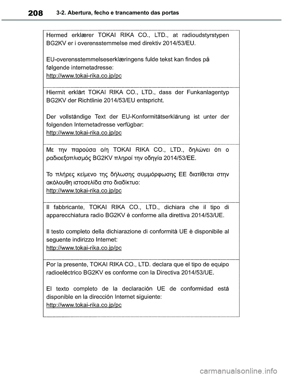 TOYOTA RAV4 2020  Manual de utilização (in Portuguese) 2083-2. Abertura, fecho e trancamento das portas
pM_RAV4-HV_OM_OM42D32PT.book  Page 208  Wednesday, January 27, 2021  6:28 PM 