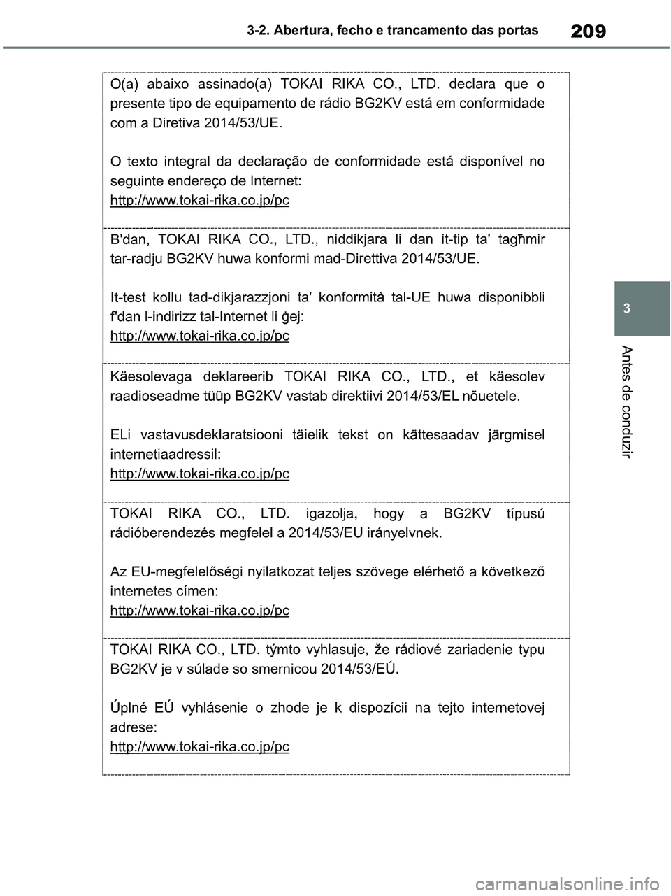 TOYOTA RAV4 2020  Manual de utilização (in Portuguese) 209
3 3-2. Abertura, fecho e trancamento das portas
Antes de conduzir
pM_RAV4-HV_OM_OM42D32PT.book  Page 209  Wednesday, January 27, 2021  6:28 PM 
