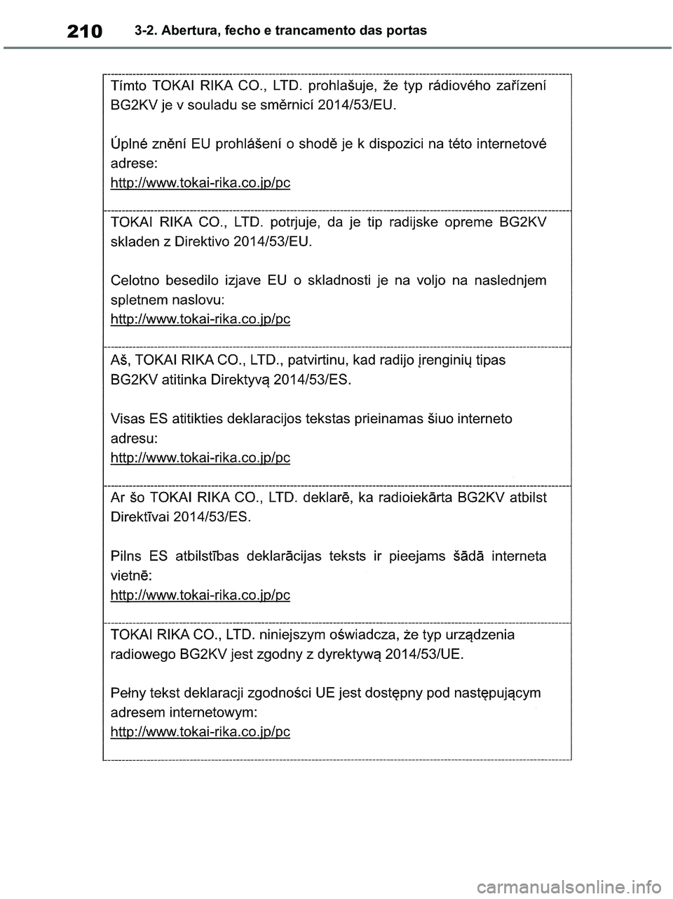 TOYOTA RAV4 2020  Manual de utilização (in Portuguese) 2103-2. Abertura, fecho e trancamento das portas
pM_RAV4-HV_OM_OM42D32PT.book  Page 210  Wednesday, January 27, 2021  6:28 PM 