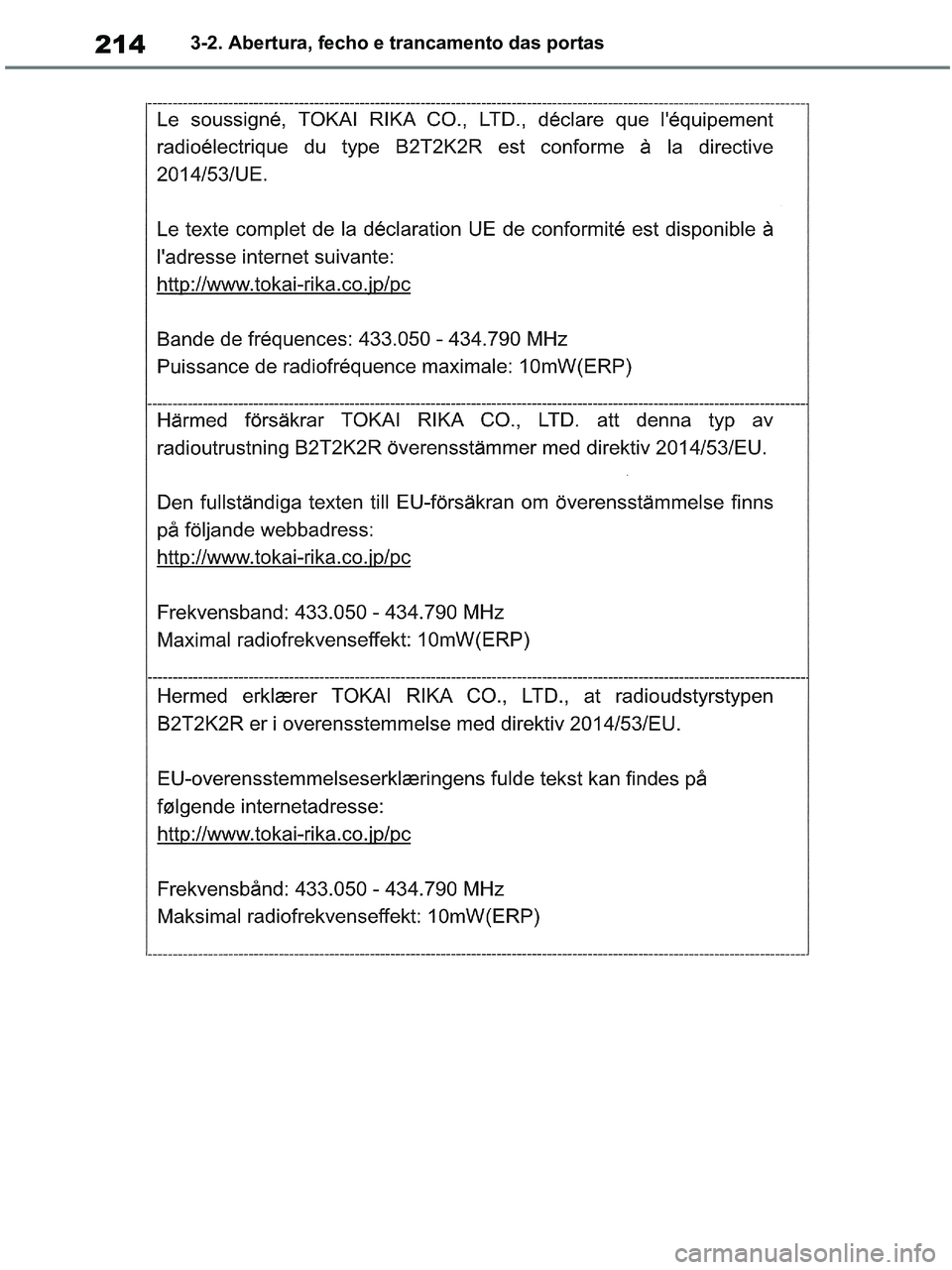 TOYOTA RAV4 2020  Manual de utilização (in Portuguese) 2143-2. Abertura, fecho e trancamento das portas
pM_RAV4-HV_OM_OM42D32PT.book  Page 214  Wednesday, January 27, 2021  6:28 PM 