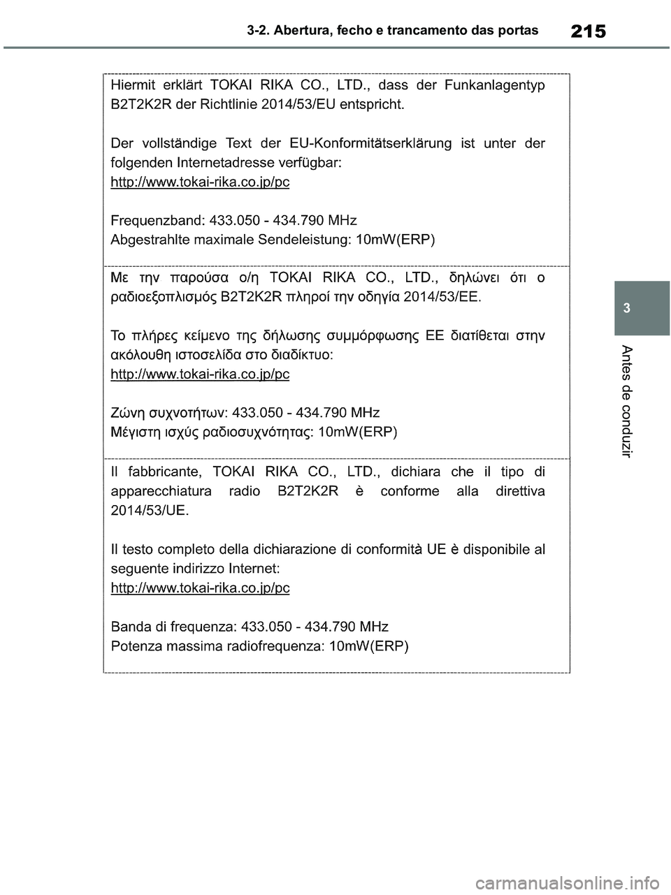TOYOTA RAV4 2020  Manual de utilização (in Portuguese) 215
3 3-2. Abertura, fecho e trancamento das portas
Antes de conduzir
pM_RAV4-HV_OM_OM42D32PT.book  Page 215  Wednesday, January 27, 2021  6:28 PM 