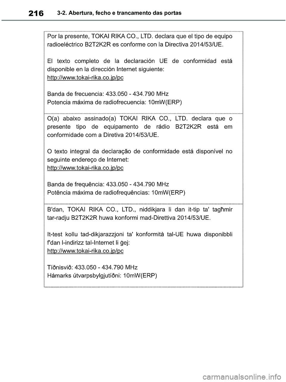 TOYOTA RAV4 2020  Manual de utilização (in Portuguese) 2163-2. Abertura, fecho e trancamento das portas
pM_RAV4-HV_OM_OM42D32PT.book  Page 216  Wednesday, January 27, 2021  6:28 PM 
