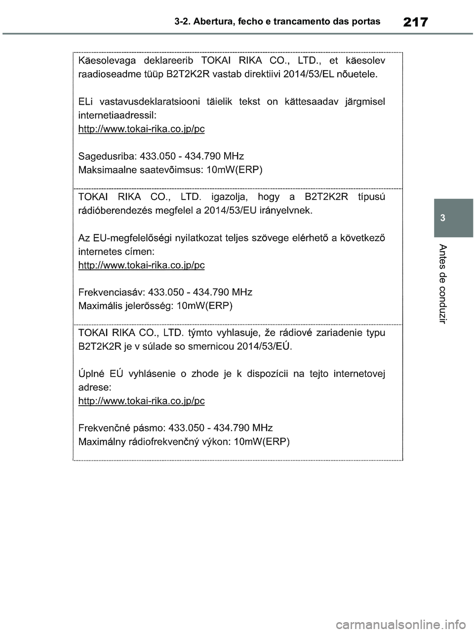 TOYOTA RAV4 2020  Manual de utilização (in Portuguese) 217
3 3-2. Abertura, fecho e trancamento das portas
Antes de conduzir
pM_RAV4-HV_OM_OM42D32PT.book  Page 217  Wednesday, January 27, 2021  6:28 PM 