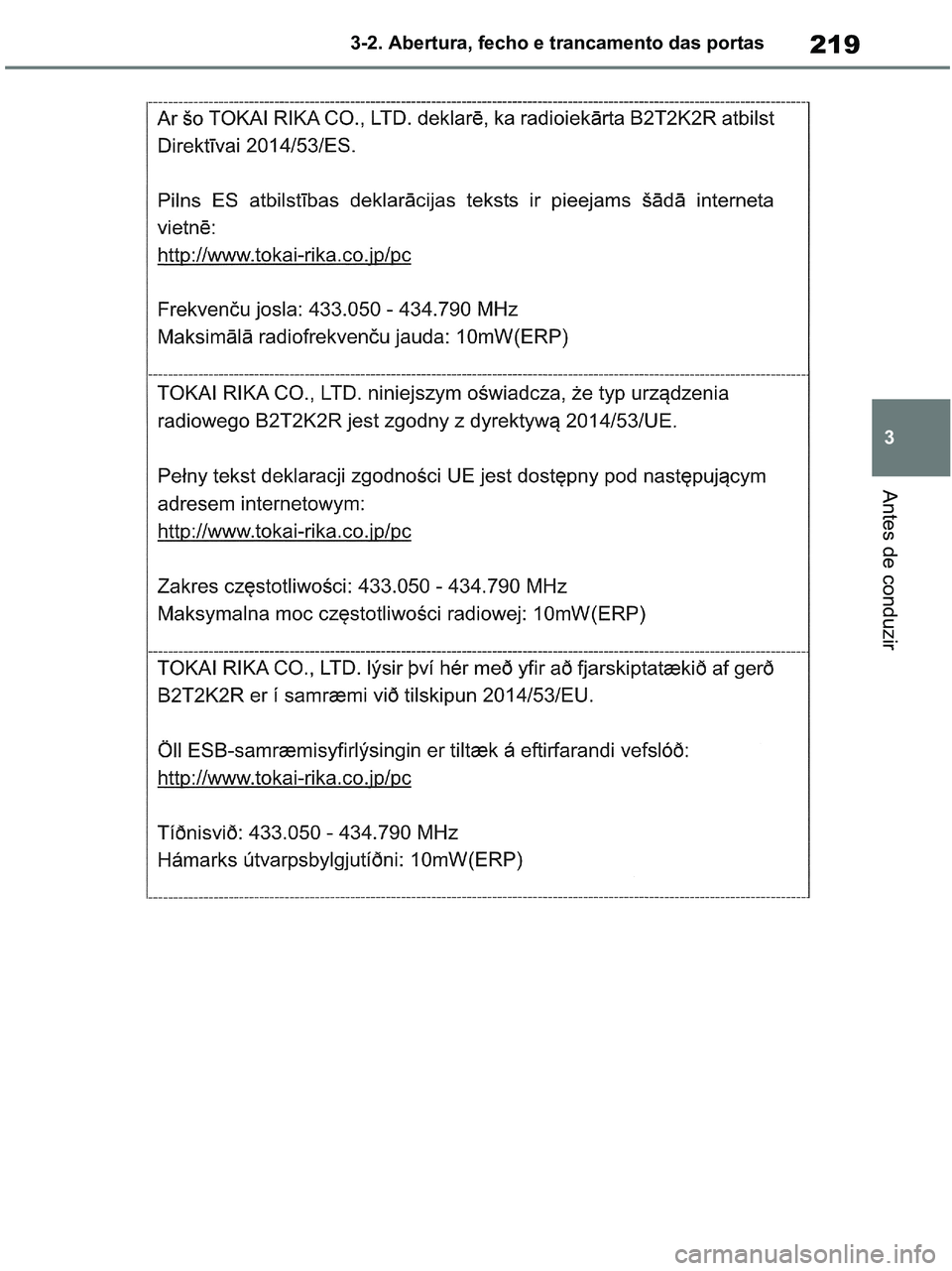 TOYOTA RAV4 2020  Manual de utilização (in Portuguese) 219
3 3-2. Abertura, fecho e trancamento das portas
Antes de conduzir
pM_RAV4-HV_OM_OM42D32PT.book  Page 219  Wednesday, January 27, 2021  6:28 PM 