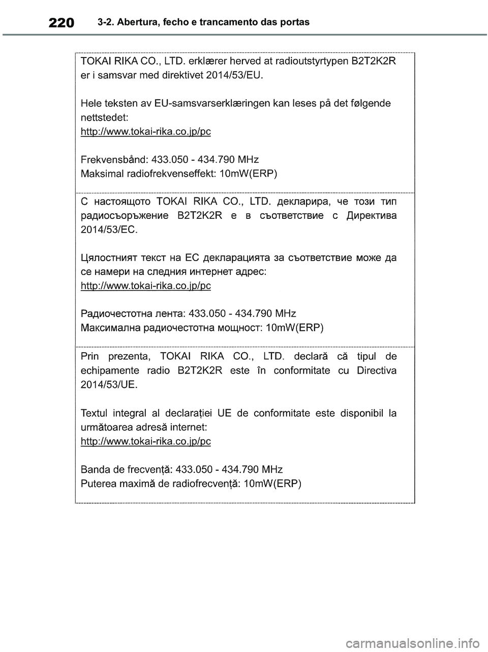 TOYOTA RAV4 2020  Manual de utilização (in Portuguese) 2203-2. Abertura, fecho e trancamento das portas
pM_RAV4-HV_OM_OM42D32PT.book  Page 220  Wednesday, January 27, 2021  6:28 PM 