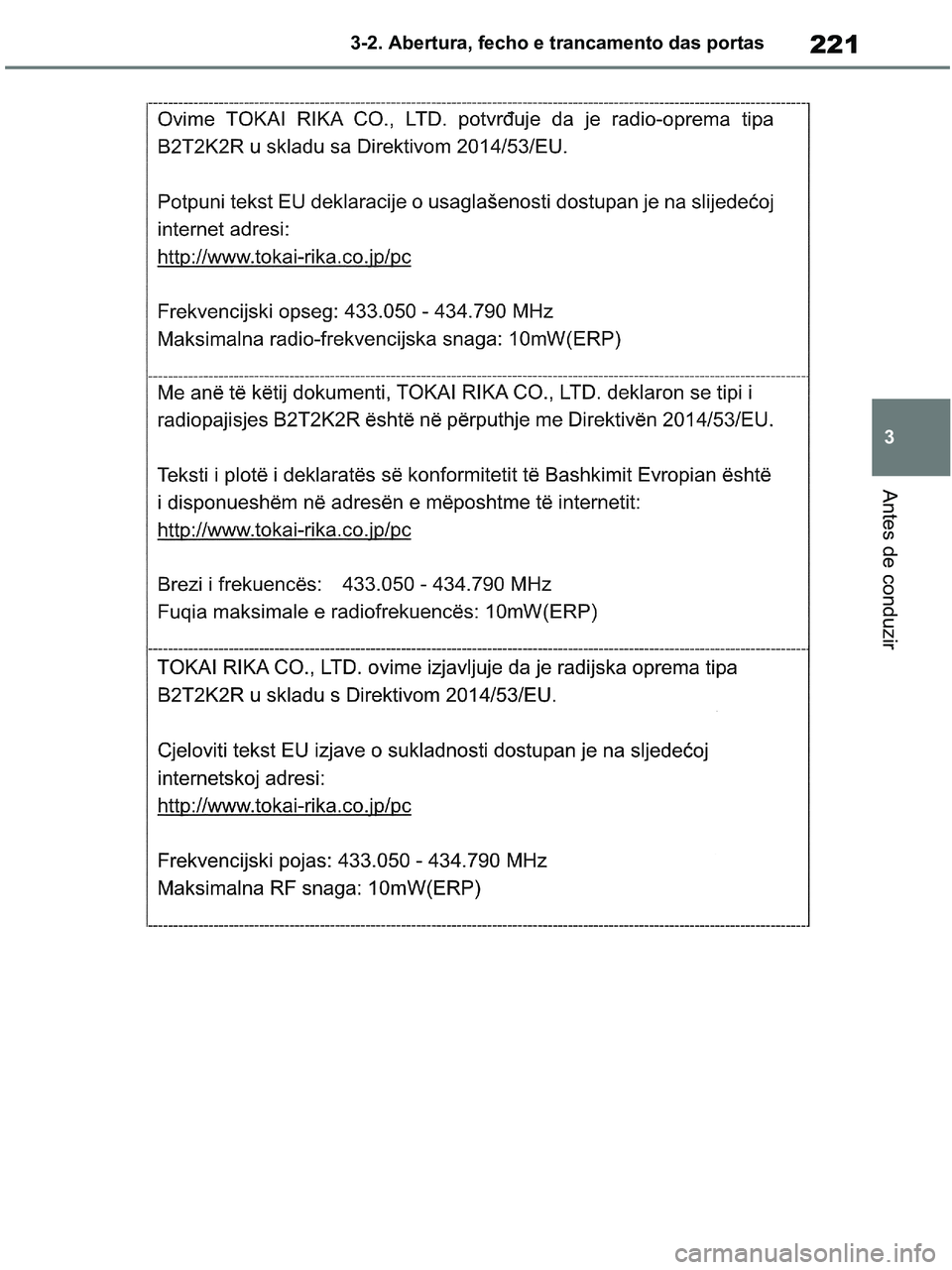 TOYOTA RAV4 2020  Manual de utilização (in Portuguese) 221
3 3-2. Abertura, fecho e trancamento das portas
Antes de conduzir
pM_RAV4-HV_OM_OM42D32PT.book  Page 221  Wednesday, January 27, 2021  6:28 PM 