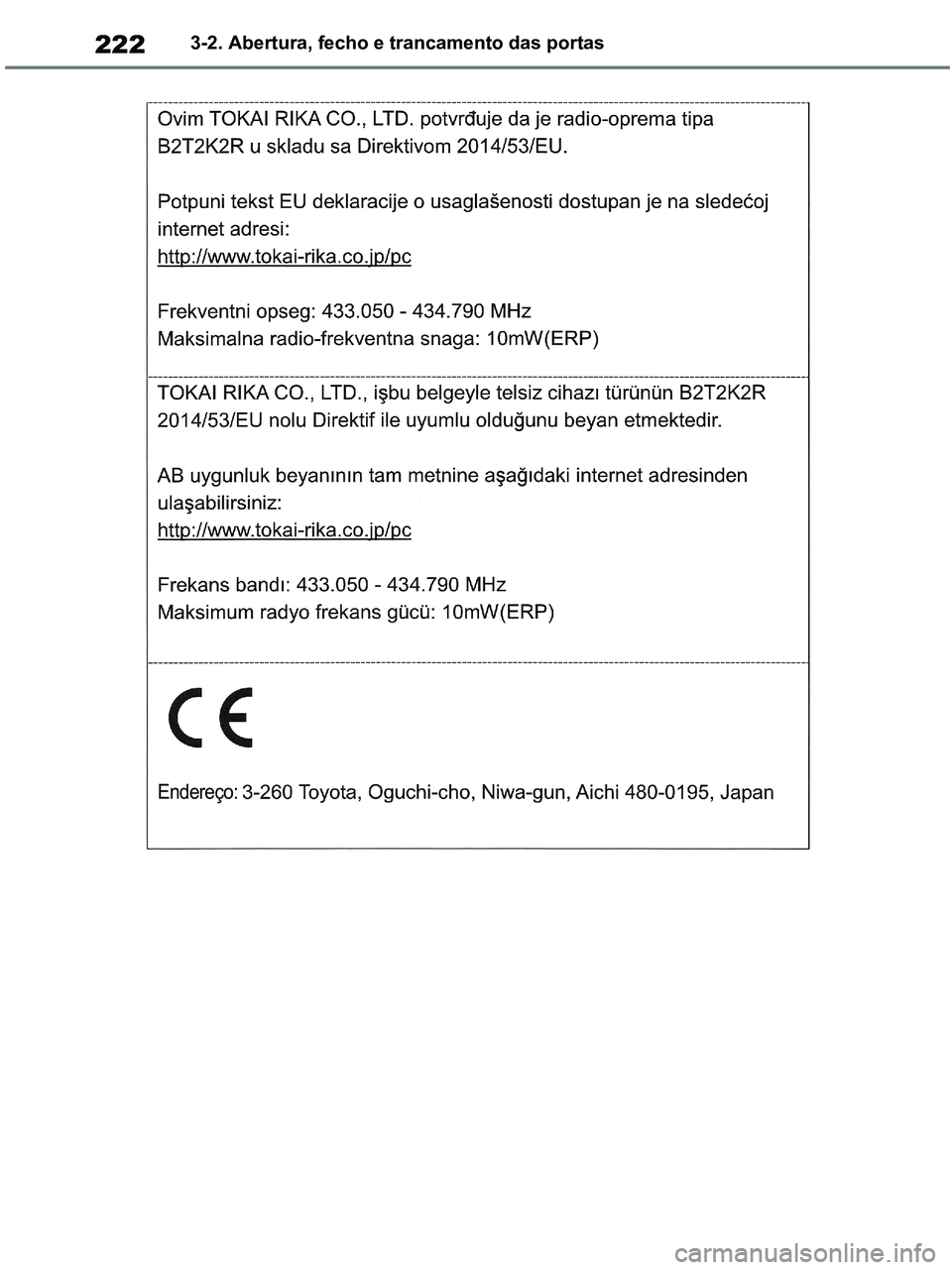 TOYOTA RAV4 2020  Manual de utilização (in Portuguese) 2223-2. Abertura, fecho e trancamento das portas
Endereço:
pM_RAV4-HV_OM_OM42D32PT.book  Page 222  Wednesday, January 27, 2021  6:28 PM 