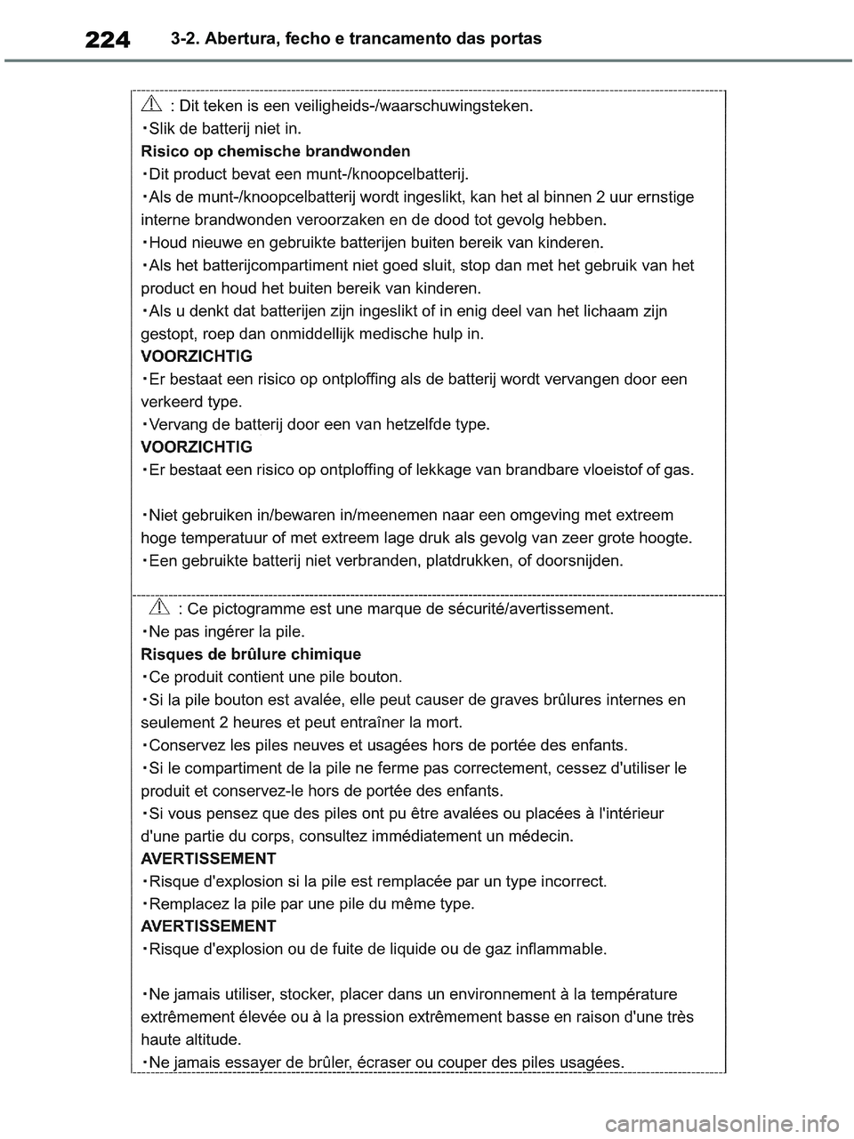 TOYOTA RAV4 2020  Manual de utilização (in Portuguese) 2243-2. Abertura, fecho e trancamento das portas
pM_RAV4-HV_OM_OM42D32PT.book  Page 224  Wednesday, January 27, 2021  6:28 PM 
