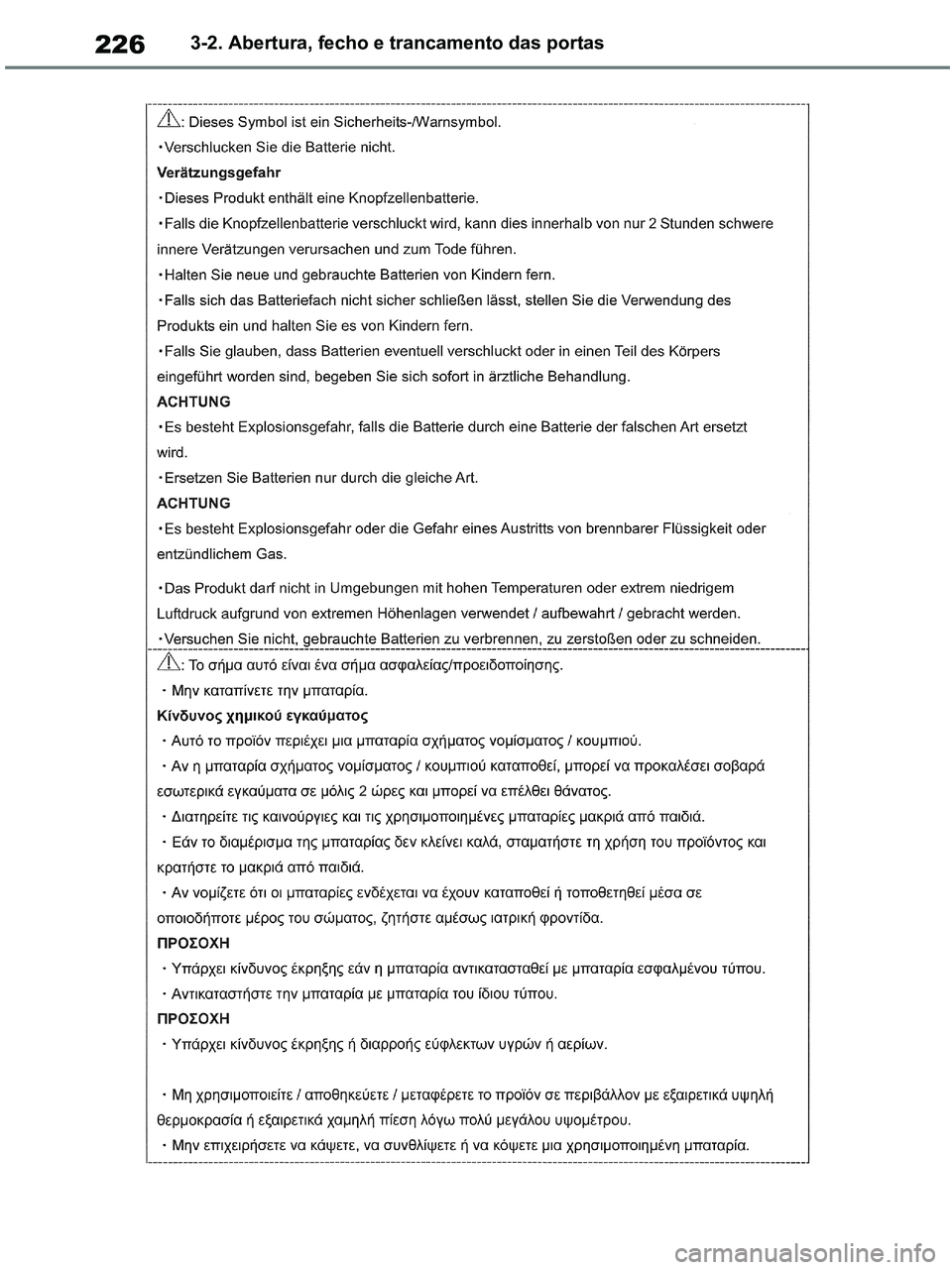 TOYOTA RAV4 2020  Manual de utilização (in Portuguese) 2263-2. Abertura, fecho e trancamento das portas
pM_RAV4-HV_OM_OM42D32PT.book  Page 226  Wednesday, January 27, 2021  6:28 PM 