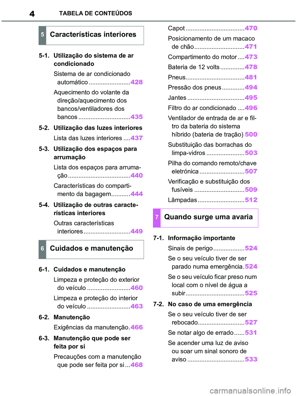 TOYOTA RAV4 2020  Manual de utilização (in Portuguese) 4TABELA DE CONTEÚDOS
5-1. Utilização do sistema de ar 
condicionado
Sistema de ar condicionado 
automático ........................428
Aquecimento do volante da 
direção/aquecimento dos 
bancos/
