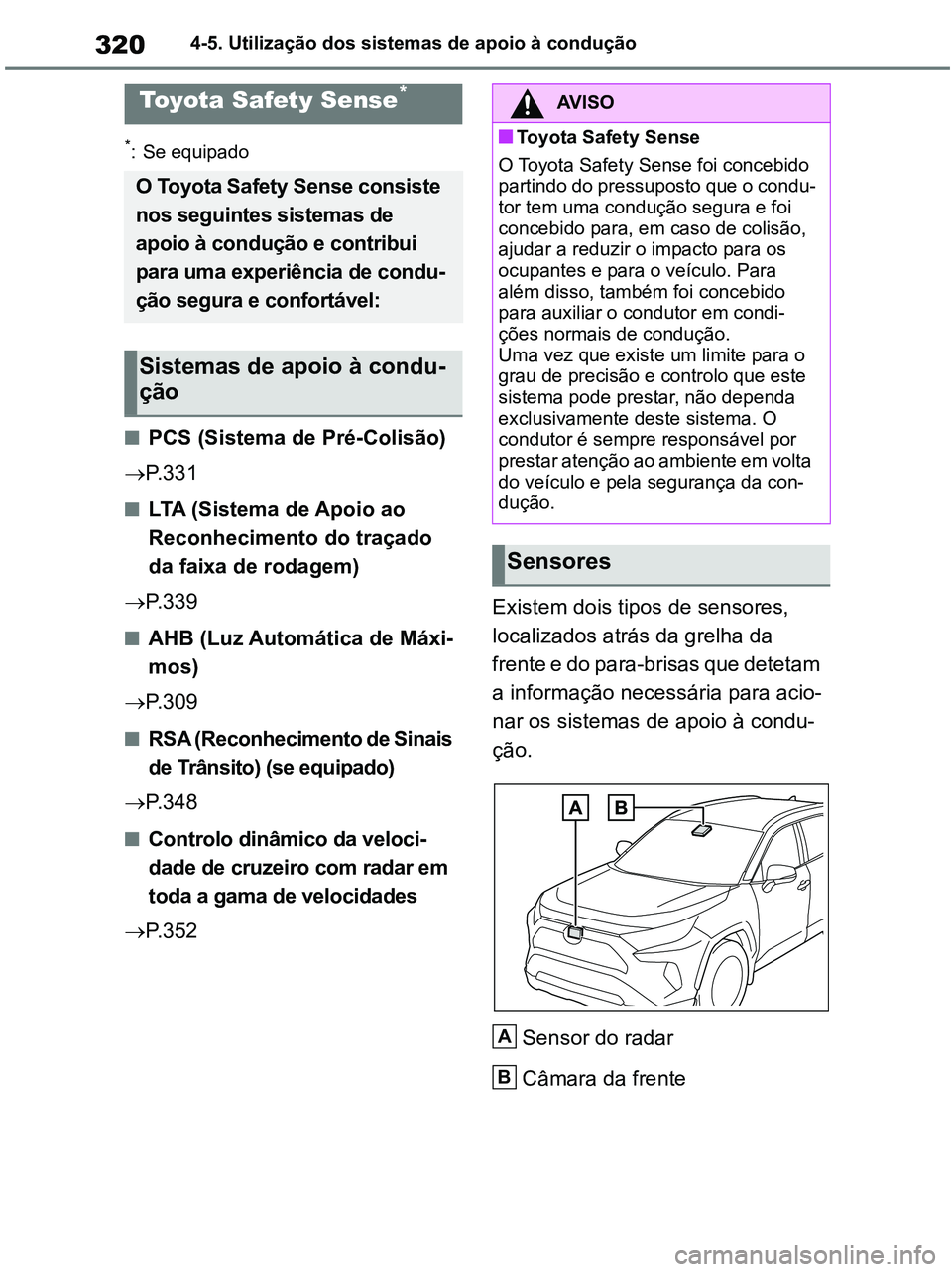 TOYOTA RAV4 2020 Manual de utilização (in Portuguese) 3204-5. Utilização dos sistemas de apoio à condução
4-5.Using the driving support systems
*: Se equipado
■PCS (Sistema de Pré-Colisão)
P. 3 3 1
■LTA (Sistema de Apoio ao
Reconhecimento TOYOTA RAV4 2020 Manual de utilização (in Portuguese) 3204-5. Utilização dos sistemas de apoio à condução
4-5.Using the driving support systems
*: Se equipado
■PCS (Sistema de Pré-Colisão)
P. 3 3 1
■LTA (Sistema de Apoio ao
Reconhecimento