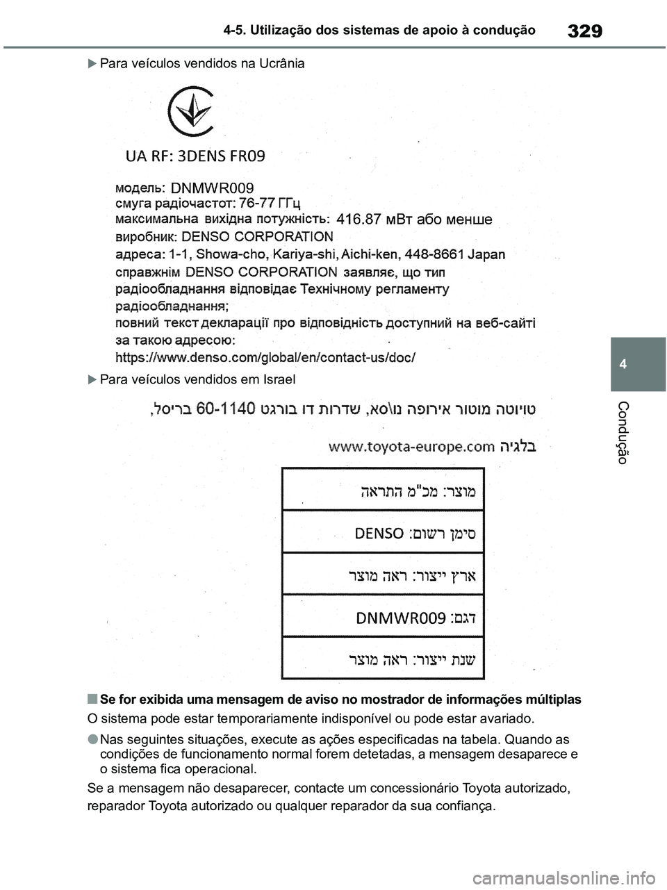 TOYOTA RAV4 2020 Manual de utilização (in Portuguese) 329
4 4-5. Utilização dos sistemas de apoio à condução
Condução
Para veículos vendidos na Ucrânia
Para veículos vendidos em Israel
■Se for exibida uma mensagem de aviso no mostrado TOYOTA RAV4 2020 Manual de utilização (in Portuguese) 329
4 4-5. Utilização dos sistemas de apoio à condução
Condução
Para veículos vendidos na Ucrânia
Para veículos vendidos em Israel
■Se for exibida uma mensagem de aviso no mostrado