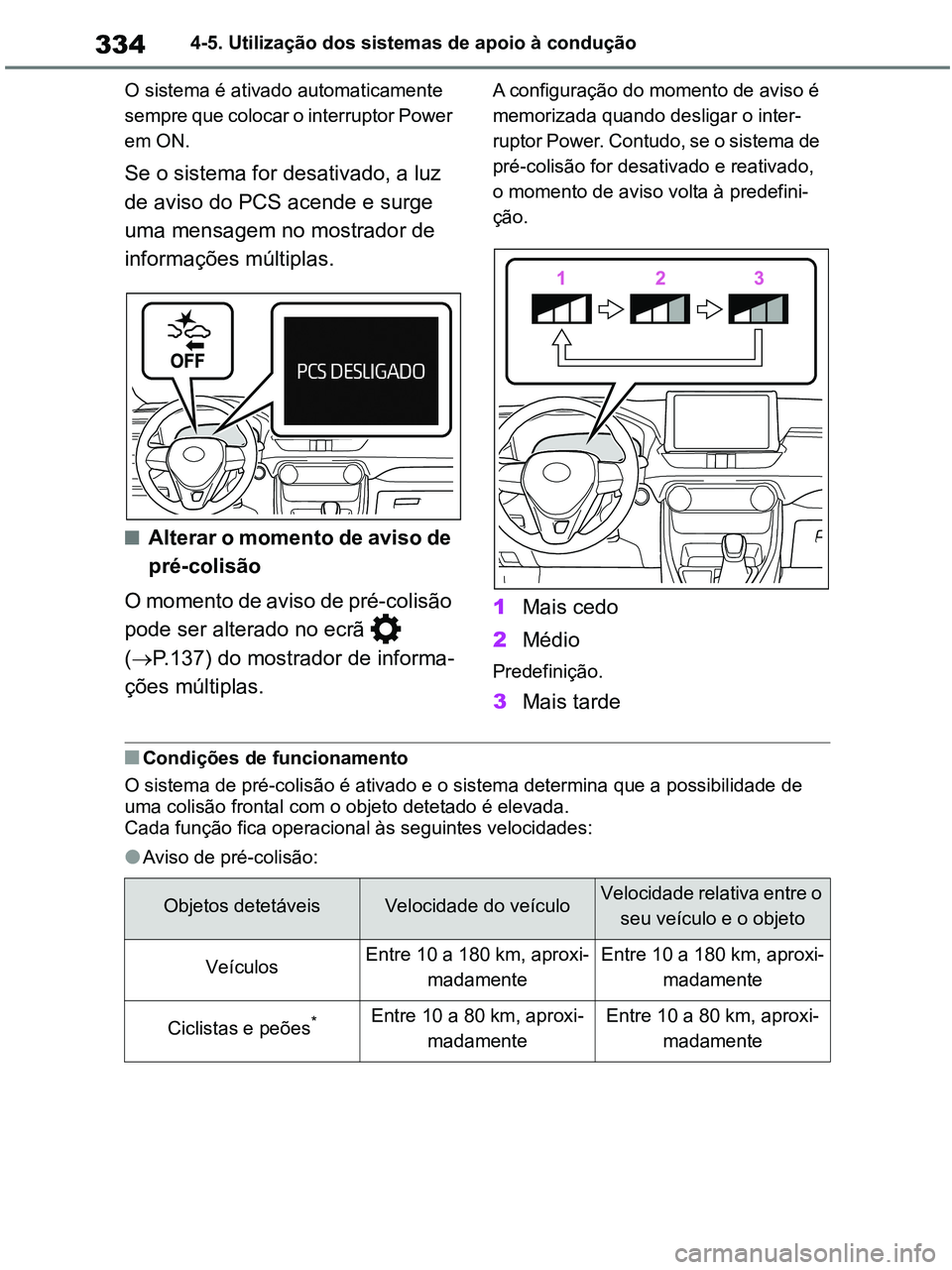 TOYOTA RAV4 2020 Manual de utilização (in Portuguese) 3344-5. Utilização dos sistemas de apoio à condução
O sistema é ativado automaticamente
sempre que colocar o interruptor Power
em ON.
Se o sistema for desativado, a luz
de aviso do PCS acende TOYOTA RAV4 2020 Manual de utilização (in Portuguese) 3344-5. Utilização dos sistemas de apoio à condução
O sistema é ativado automaticamente
sempre que colocar o interruptor Power
em ON.
Se o sistema for desativado, a luz
de aviso do PCS acende
