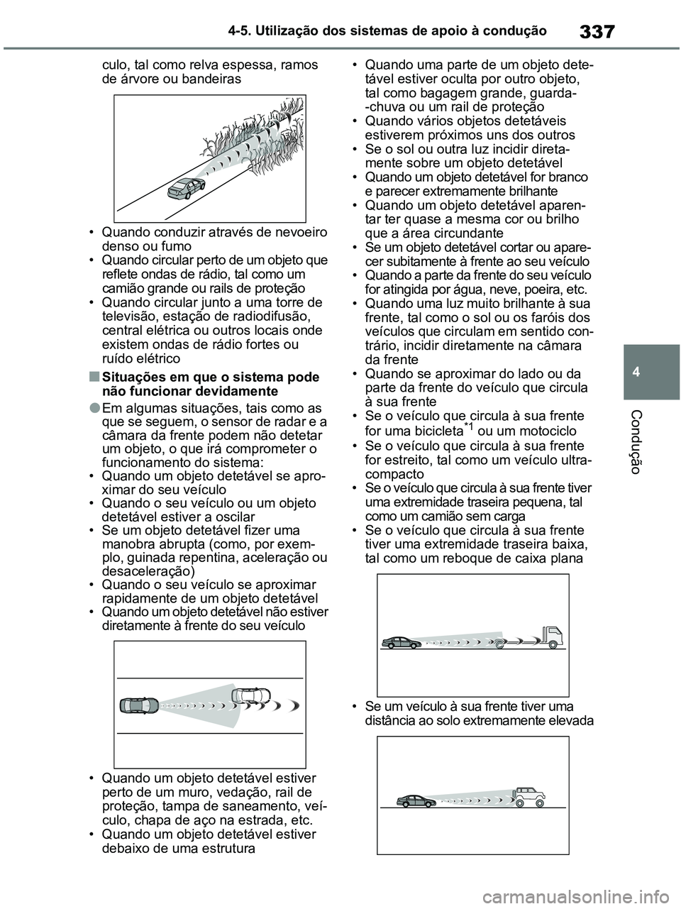 TOYOTA RAV4 2020 Manual de utilização (in Portuguese) 337
4 4-5. Utilização dos sistemas de apoio à condução
Condução
culo, tal como relva espessa, ramos
de árvore ou bandeiras
• Quando conduzir através de nevoeiro
denso ou fumo
• Quando c TOYOTA RAV4 2020 Manual de utilização (in Portuguese) 337
4 4-5. Utilização dos sistemas de apoio à condução
Condução
culo, tal como relva espessa, ramos
de árvore ou bandeiras
• Quando conduzir através de nevoeiro
denso ou fumo
• Quando c