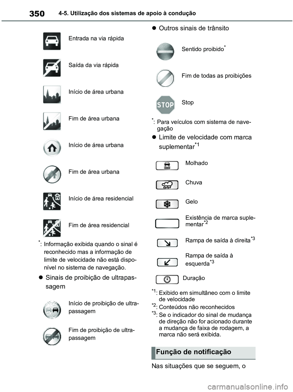 TOYOTA RAV4 2020 Manual de utilização (in Portuguese) 3504-5. Utilização dos sistemas de apoio à condução
*: Informação exibida quando o sinal é
reconhecido mas a informação de
limite de velocidade não está dispo-
nível no sistema de naveg TOYOTA RAV4 2020 Manual de utilização (in Portuguese) 3504-5. Utilização dos sistemas de apoio à condução
*: Informação exibida quando o sinal é
reconhecido mas a informação de
limite de velocidade não está dispo-
nível no sistema de naveg