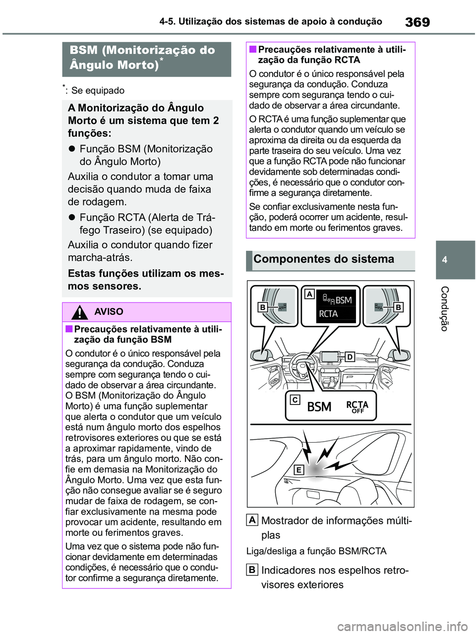 TOYOTA RAV4 2020 Manual de utilização (in Portuguese) 369
4 4-5. Utilização dos sistemas de apoio à condução
Condução
*: Se equipado
Mostrador de informações múlti-
plas
Liga/desliga a função BSM/RCTA
Indicadores nos espelhos retro-
visores e TOYOTA RAV4 2020 Manual de utilização (in Portuguese) 369
4 4-5. Utilização dos sistemas de apoio à condução
Condução
*: Se equipado
Mostrador de informações múlti-
plas
Liga/desliga a função BSM/RCTA
Indicadores nos espelhos retro-
visores e