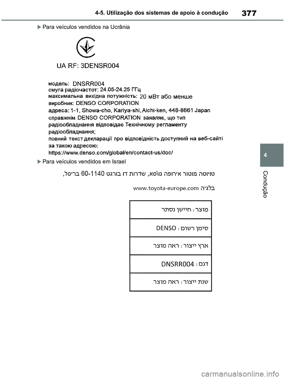 TOYOTA RAV4 2020 Manual de utilização (in Portuguese) 377
4 4-5. Utilização dos sistemas de apoio à condução
Condução
Para veículos vendidos na Ucrânia
Para veículos vendidos em Israel
pM_RAV4-HV_OM_OM42D32PT.book Page 377 Wednesday, TOYOTA RAV4 2020 Manual de utilização (in Portuguese) 377
4 4-5. Utilização dos sistemas de apoio à condução
Condução
Para veículos vendidos na Ucrânia
Para veículos vendidos em Israel
pM_RAV4-HV_OM_OM42D32PT.book Page 377 Wednesday,