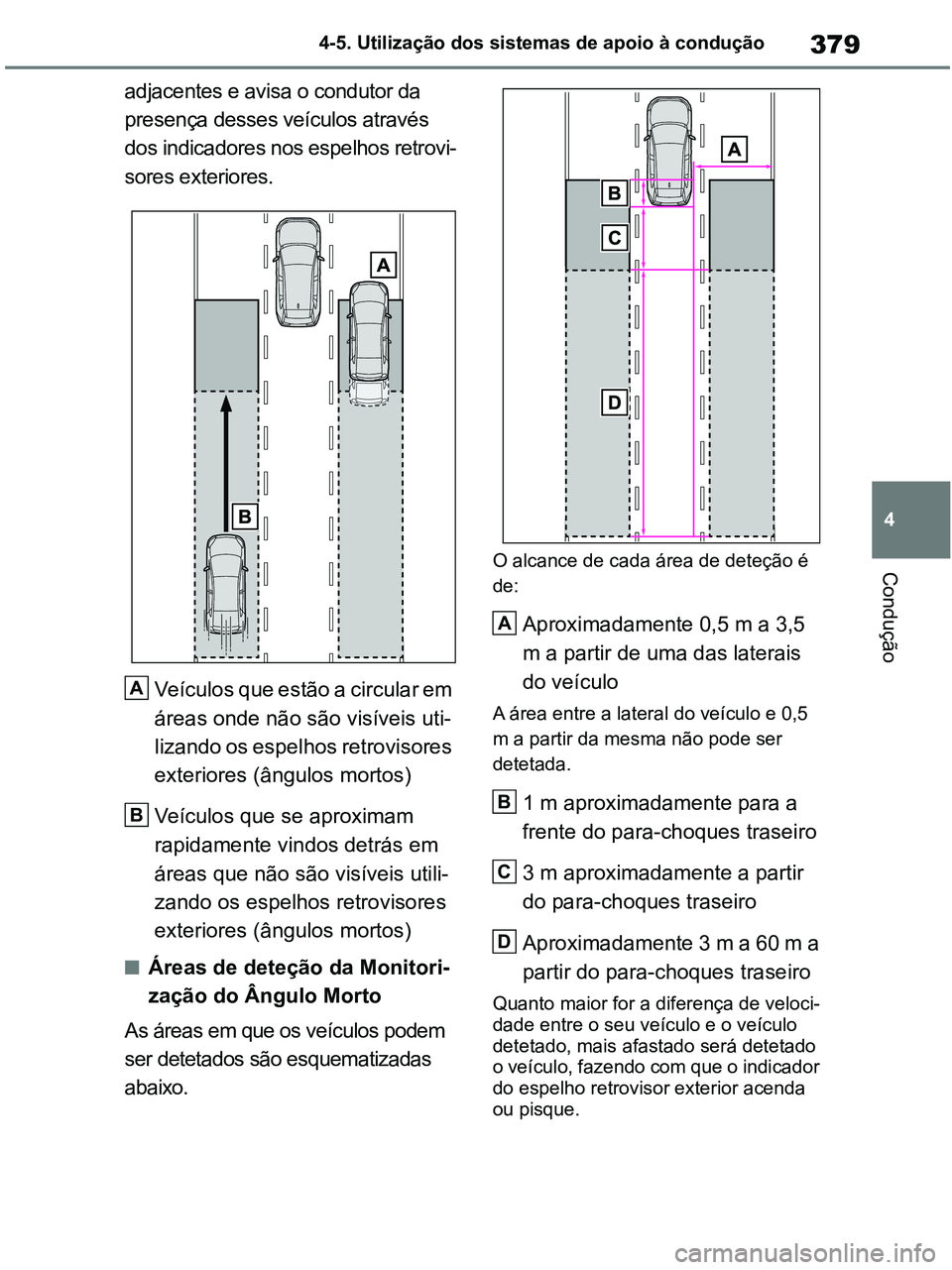 TOYOTA RAV4 2020 Manual de utilização (in Portuguese) 379
4 4-5. Utilização dos sistemas de apoio à condução
Condução
adjacentes e avisa o condutor da
presença desses veículos através
dos indicadores nos espelhos retrovi-
sores exteriores.
Ve TOYOTA RAV4 2020 Manual de utilização (in Portuguese) 379
4 4-5. Utilização dos sistemas de apoio à condução
Condução
adjacentes e avisa o condutor da
presença desses veículos através
dos indicadores nos espelhos retrovi-
sores exteriores.
Ve