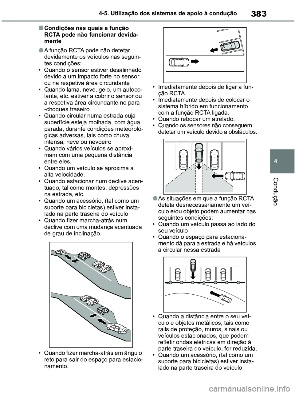 TOYOTA RAV4 2020 Manual de utilização (in Portuguese) 383
4 4-5. Utilização dos sistemas de apoio à condução
Condução
■Condições nas quais a função
RCTA pode não funcionar devida-
mente
●A função RCTA pode não detetar
devidamente os TOYOTA RAV4 2020 Manual de utilização (in Portuguese) 383
4 4-5. Utilização dos sistemas de apoio à condução
Condução
■Condições nas quais a função
RCTA pode não funcionar devida-
mente
●A função RCTA pode não detetar
devidamente os