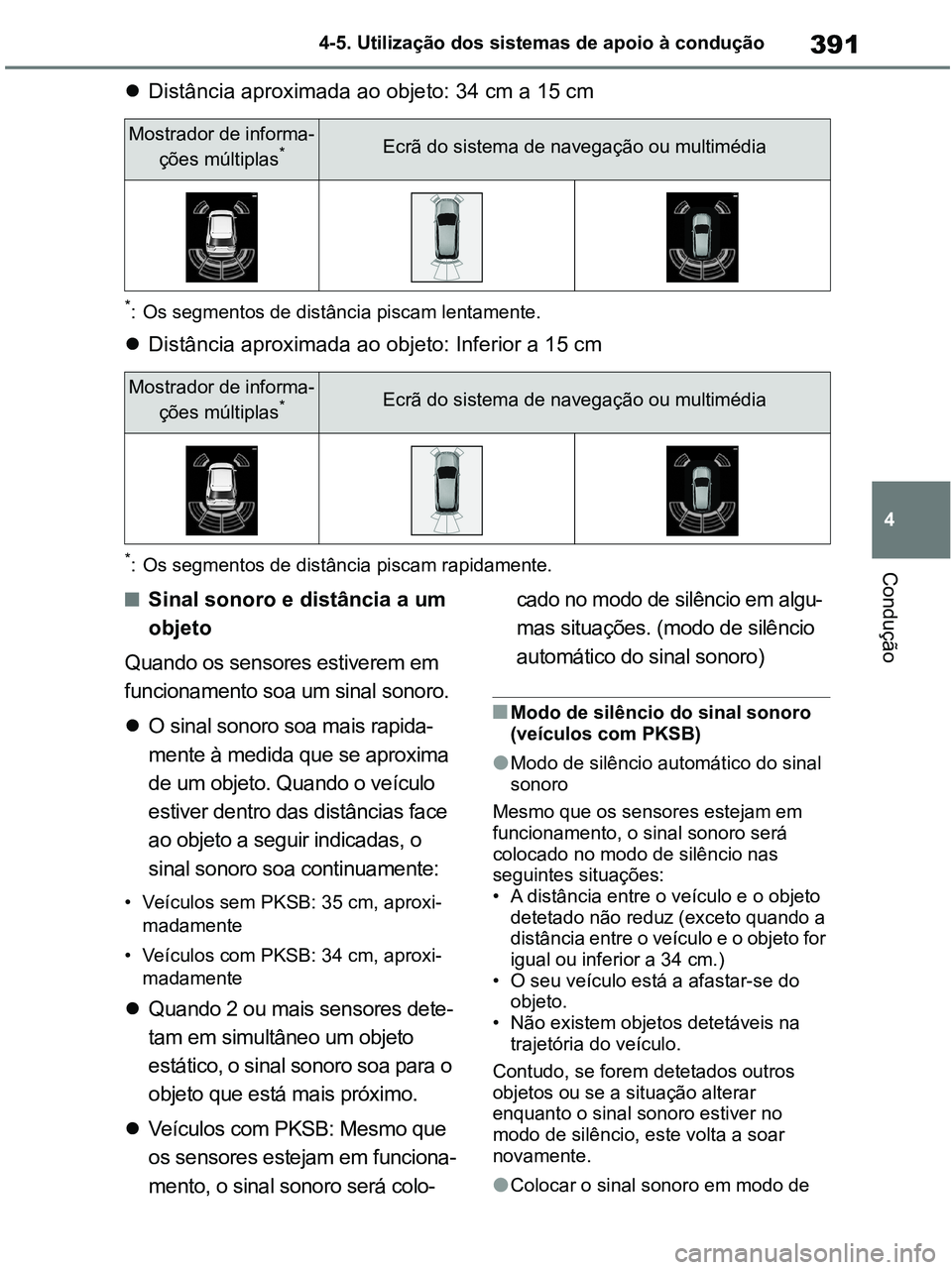 TOYOTA RAV4 2020 Manual de utilização (in Portuguese) 391
4 4-5. Utilização dos sistemas de apoio à condução
Condução
Distância aproximada ao objeto: 34 cm a 15 cm
*: Os segmentos de distância piscam lentamente.
Distância aproximada ao ob TOYOTA RAV4 2020 Manual de utilização (in Portuguese) 391
4 4-5. Utilização dos sistemas de apoio à condução
Condução
Distância aproximada ao objeto: 34 cm a 15 cm
*: Os segmentos de distância piscam lentamente.
Distância aproximada ao ob