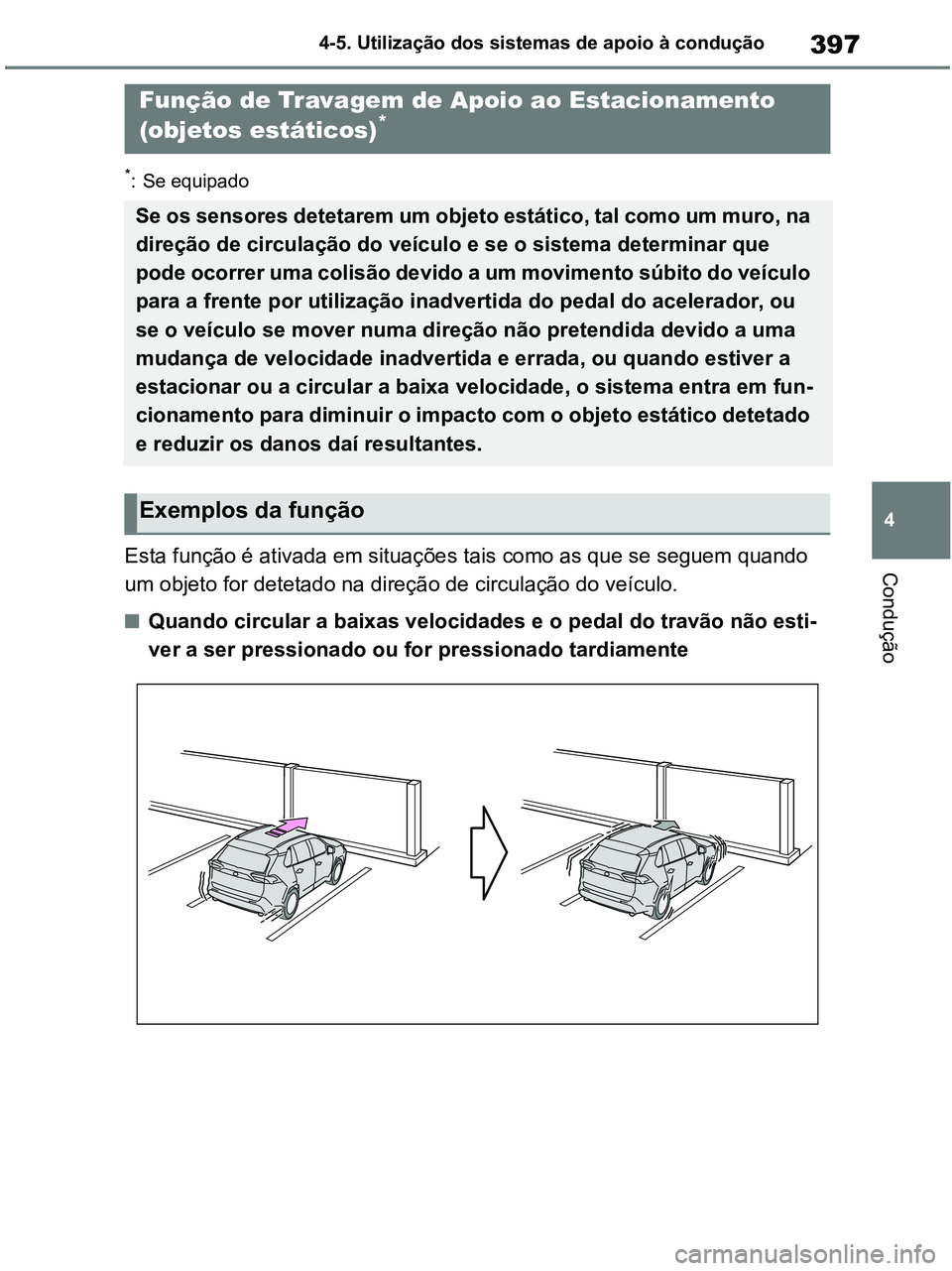 TOYOTA RAV4 2020 Manual de utilização (in Portuguese) 397
4 4-5. Utilização dos sistemas de apoio à condução
Condução
*: Se equipado
Esta função é ativada em situações tais como as que se seguem quando
um objeto for detetado na direção de TOYOTA RAV4 2020 Manual de utilização (in Portuguese) 397
4 4-5. Utilização dos sistemas de apoio à condução
Condução
*: Se equipado
Esta função é ativada em situações tais como as que se seguem quando
um objeto for detetado na direção de